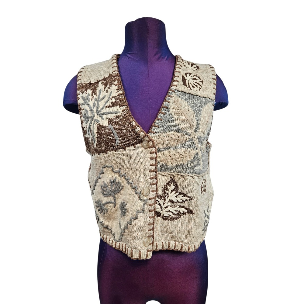 Petite Sophisticate Vintage Knit Sweater Vest Botanical Patchwork Tan Small D36 - Picture 2 of 9